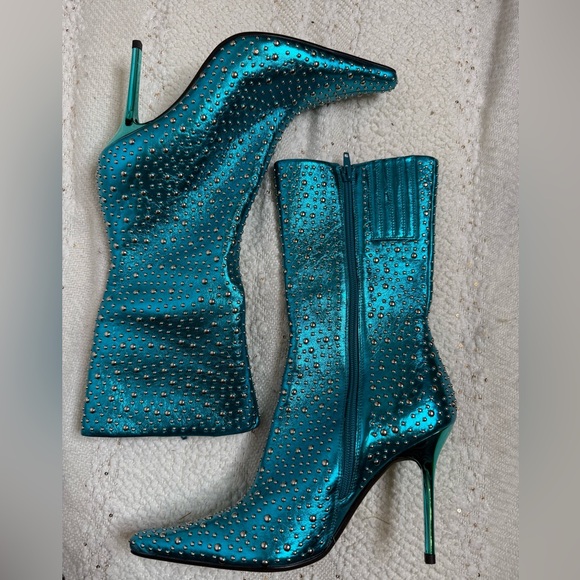 Jeffrey Campbell Iconic-E Stiletto Studded Boots Aqua Blue Metallic - Picture 2 of 9
